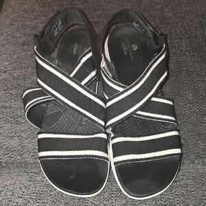 Cloudsteppers by Clarks Black and White Striped Crisscross Sandals